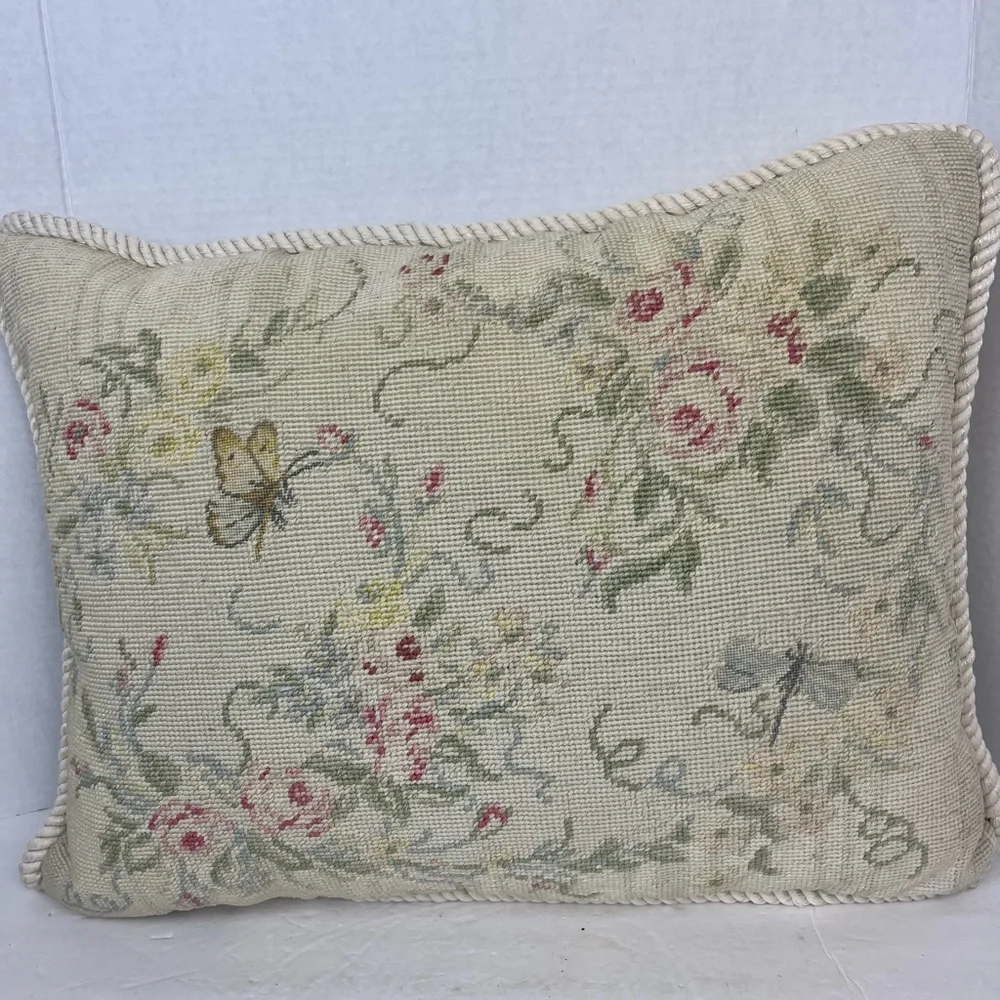 Beautiful vintage cream needlepoint with floral/butterfly/dragonfly design